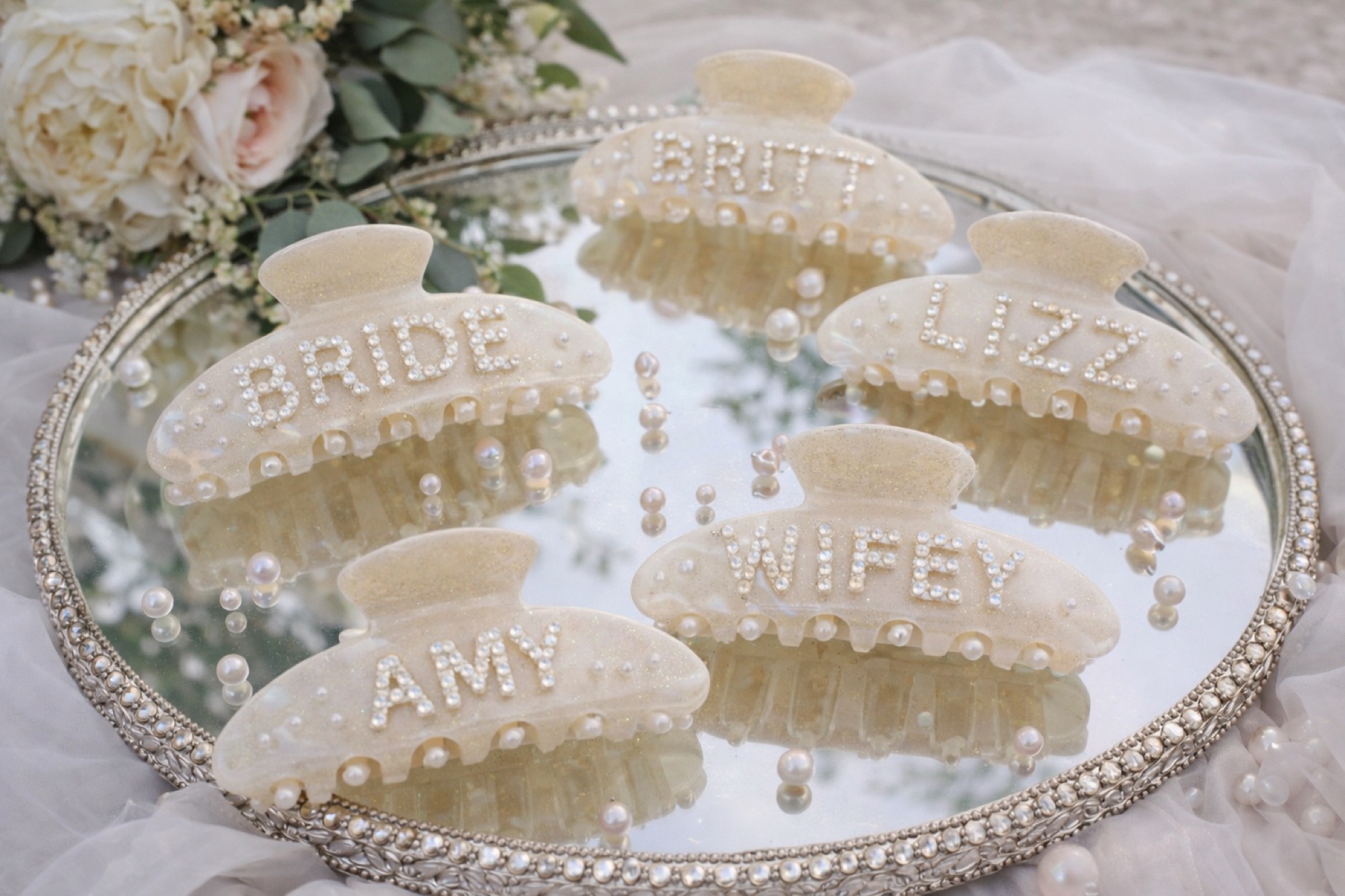 Custom pearl claw clips — personalized for the bride and her girls